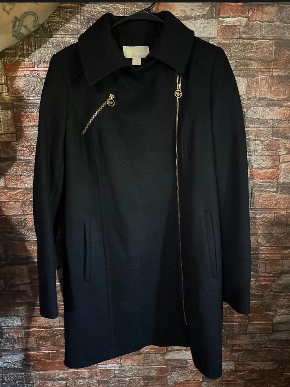 Michael Kors Black Asymmetrical Wool-Blend Peacoat with Gold Zippers